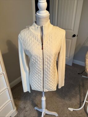 J. McLaughlin Cream Quilted Zip-Front Sweater Jacket